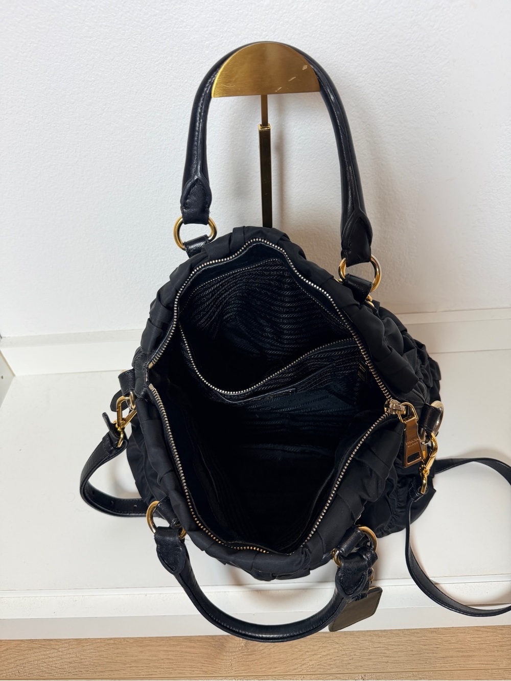 AUTHENTIC Prada Tessuto Black Nylon Ruched Shoulder Bag with Gold Hardware - Picture 3 of 16
